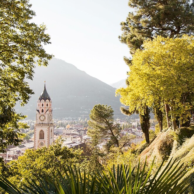 Sentiero panoramico sopra la città termale di Merano in estate