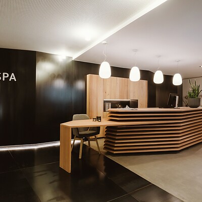La reception della spa realizzata con materiali naturali