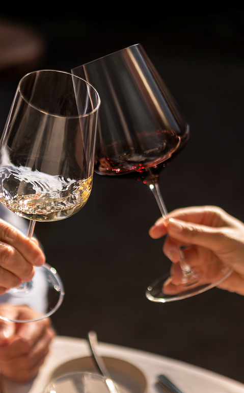 Uomo e donna gustano un bicchiere di vino durante un buon pasto.