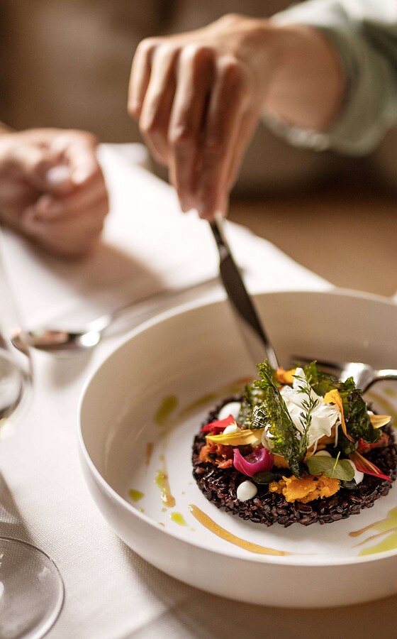 Risotto nero con erbe di stagione e verdure colorate