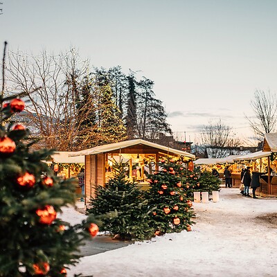 Mercatino di Natale con bancarelle di legno e alberi decorati sotto la neve