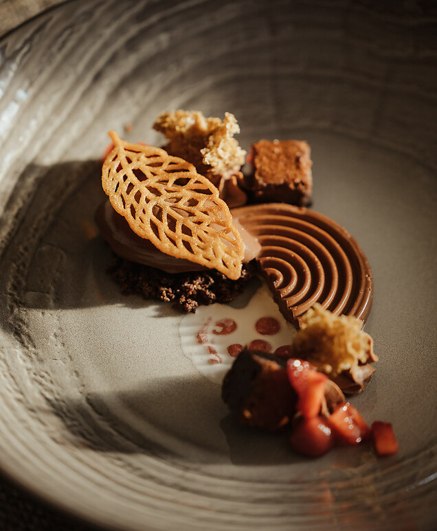 Chocolate dessert with fresh raspberry sorbet
