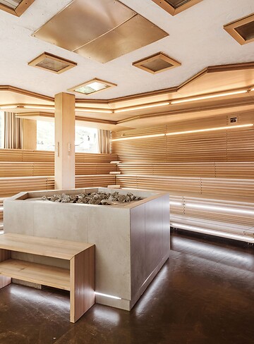 Large Finnish sauna with atmospheric lighting