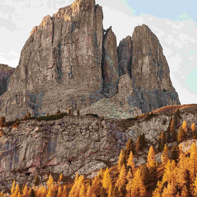 The autumn scenery of the Dolomites in orange tones
