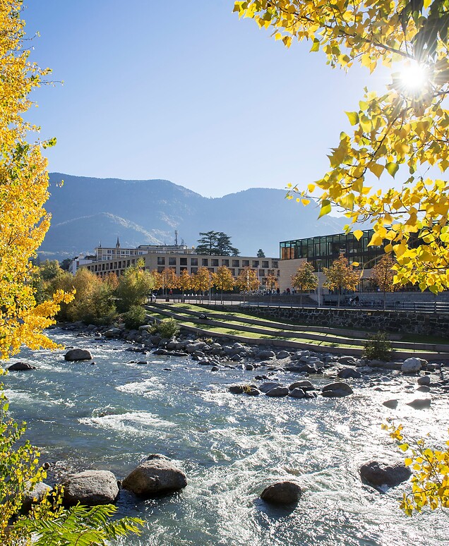 Passer River in front of Terme Merano in autumn