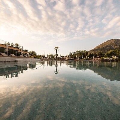 Natural pool in garden between palm trees and mountains in morning light