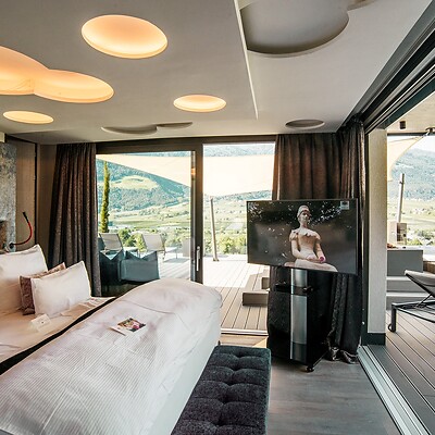 Penthouse suite at Hotel Preidlhof with large terrace and a view over the valley