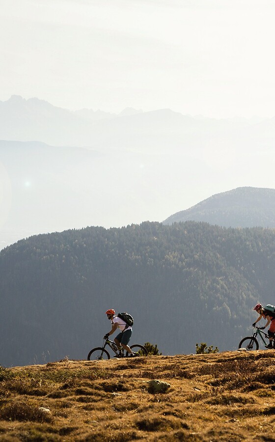 Gruppe fährt mit E-Mountainbikes über Bertrail vor Bergpanorama