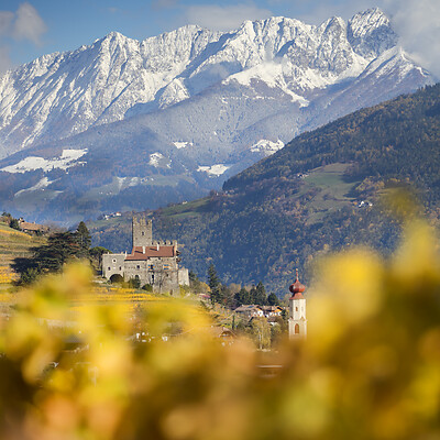 Herbstliche Landschaft mit schneebedeckten Bergen und goldenen Bäumen