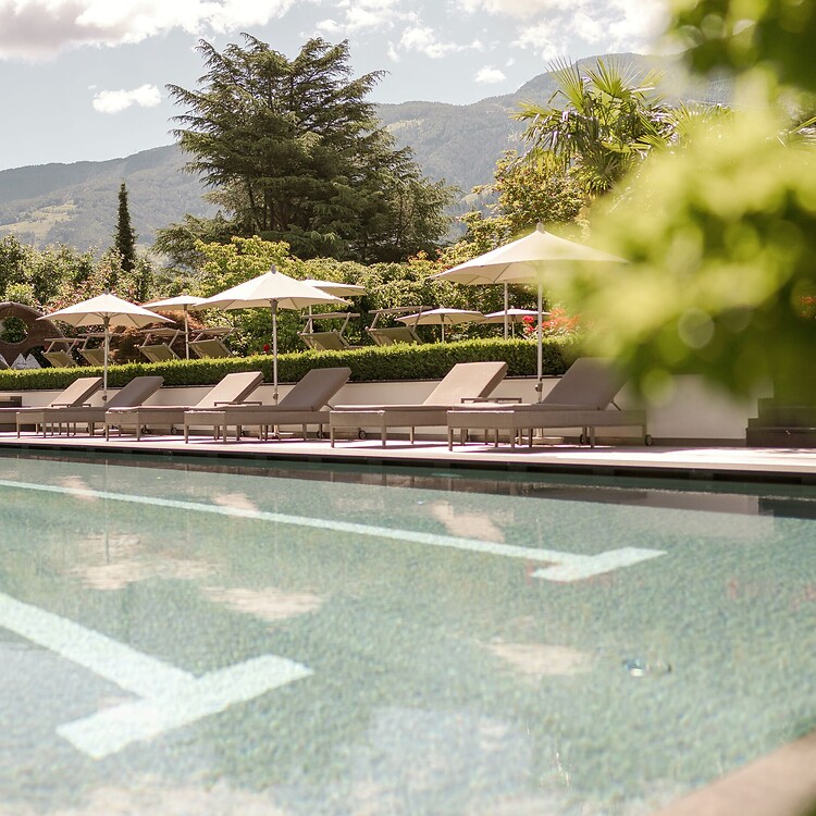 Sportpool mit Sonnenliegen im grünen Hotelgarten