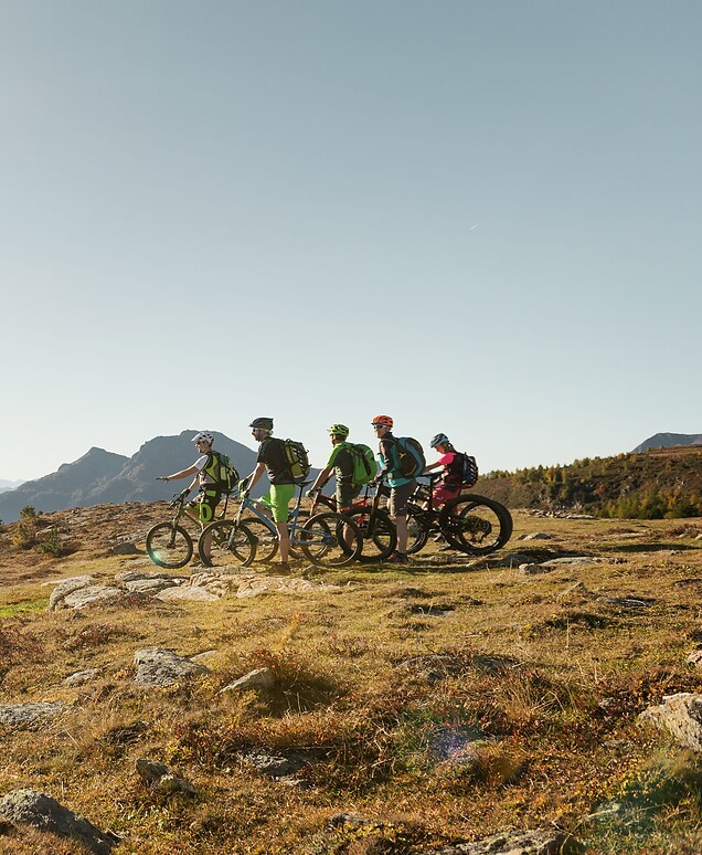 Gruppo di ciclisti che fanno mountain bike in montagna