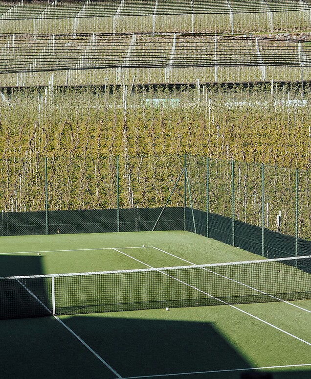 Campo da tennis tra i meli, in mezz’ombra